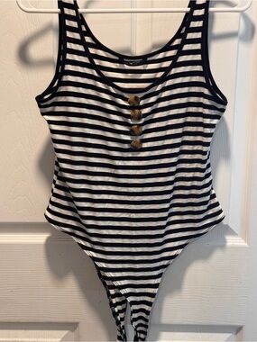 SHEIN Black and White Striped Tank Bodysuit with Button Detail